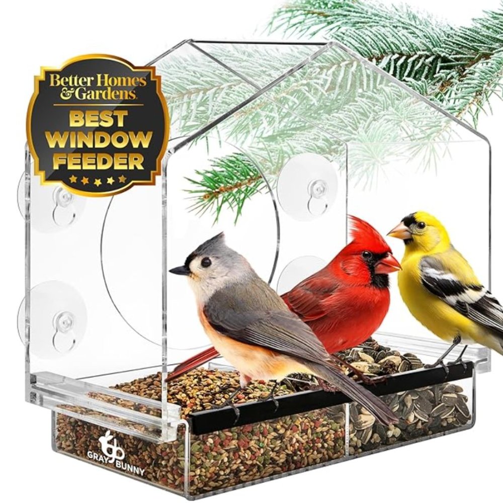 Gray Bunny Window Bird Feeder with Strong Suction Cups